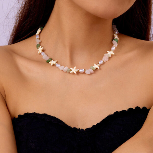 สร้อยคอแฟชั่น Boho หินกรวดสีสวย ผสมลูกปัดปลาดาวสไตล์ชายหาด ใส่ได้ทุกชุดหน้าร้อน