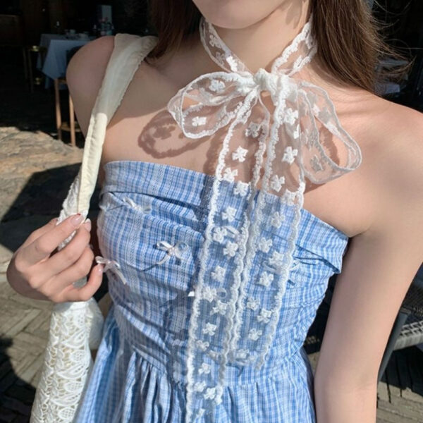 ผ้าพันคอผ้าชีฟองแฟชั่น ลูกไม้โบว์หวาน ผ้าพันคอยาวสไตล์เกาหลี ใส่ได้หลายแบบ ผูกคอ ผูกโบว์ประดับชุดเดรสน่ารัก