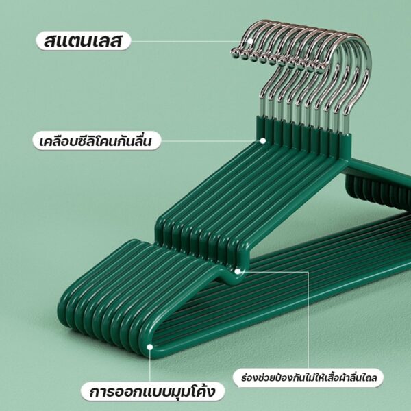 ไม้แขวนเสื้อสแตนเลสเคลือบซิลิโคน 10 ชิ้น กันลื่น ป้องกันผ้าตก ขนาด 30-40 ซม. แข็งแรงทนทาน