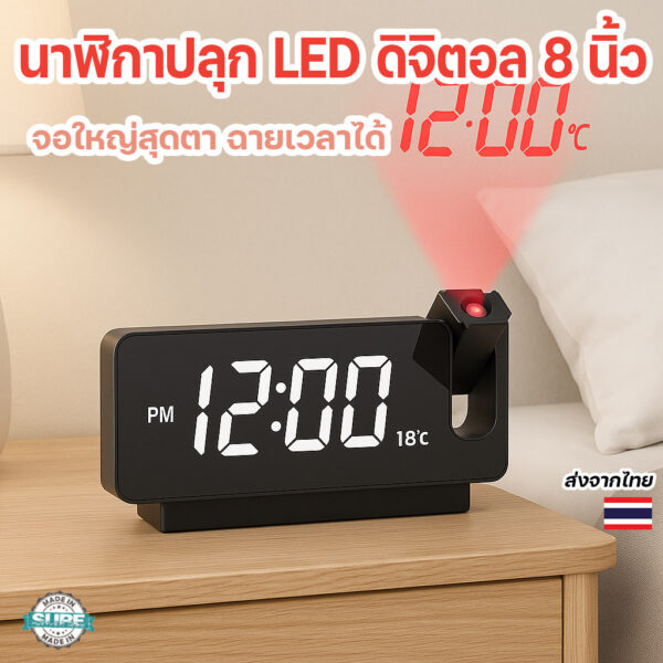 นาฬิกาปลุก LED ดิจิตอล หน้าจอ 8 นิ้ว ตั้งโต๊ะ ชาร์จไฟได้ พร้อมโหมดฉายเวลาในที่มืด