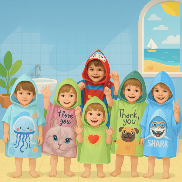 ผ้าขนหนูคลุมตัวเด็ก 60x60/75x75 ซม. มีหมวก ลายน่ารัก ไมโครไฟเบอร์ซับน้ำ สำหรับว่ายน้ำ เที่ยวทะเล