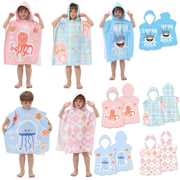 ผ้าขนหนูคลุมตัวเด็ก 60x60/75x75 ซม. มีหมวก ลายน่ารัก ไมโครไฟเบอร์ซับน้ำ สำหรับว่ายน้ำ เที่ยวทะเล