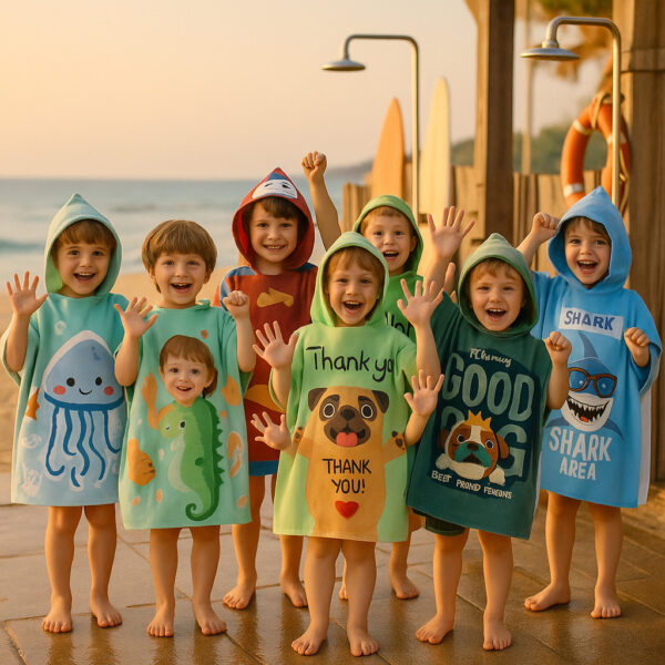 ผ้าขนหนูคลุมตัวเด็ก 60x60/75x75 ซม. มีหมวก ลายน่ารัก ไมโครไฟเบอร์ซับน้ำ สำหรับว่ายน้ำ เที่ยวทะเล