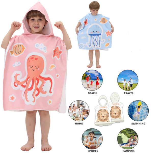 ผ้าขนหนูคลุมตัวเด็ก 60x60/75x75 ซม. มีหมวก ลายน่ารัก ไมโครไฟเบอร์ซับน้ำ สำหรับว่ายน้ำ เที่ยวทะเล