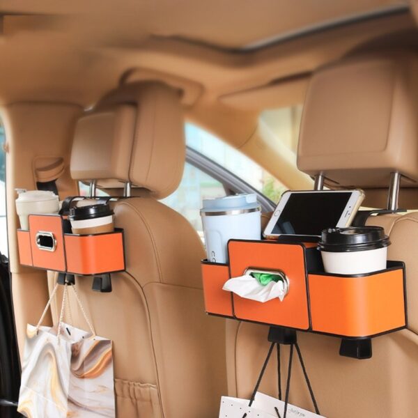 กล่องจัดระเบียบในรถยนต์ หลังเบาะ มัลติฟังก์ชั่น ใส่แก้วน้ำ ขวดน้ำ โทรศัพท์ และทิชชู่ ใช้งานสะดวก