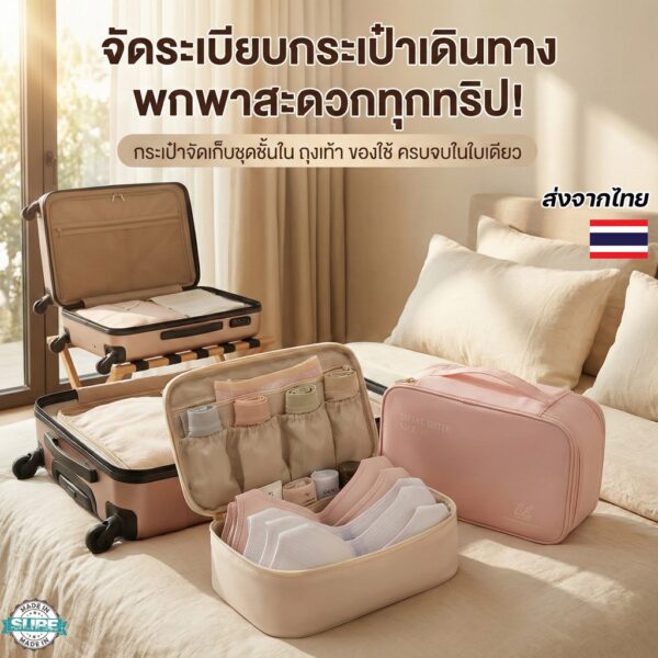 กระเป๋าจัดระเบียบชุดชั้นในแบบพกพา ใส่ได้หลายชิ้น มีช่องแยกในตัว เหมาะสำหรับเดินทางและพกใส่กระเป๋า