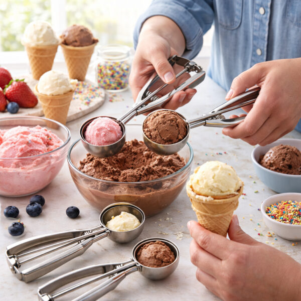 ที่ตักไอศกรีมสแตนเลส ขนาด 4 5 6 ซม. กดปล่อยง่าย มือเดียวก็ใช้ได้ เหมาะกับไอติม แป้ง เบเกอรี่