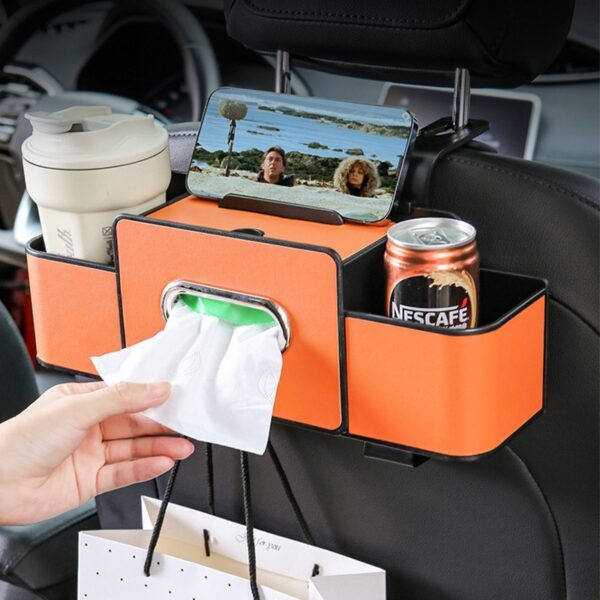 กล่องจัดระเบียบในรถยนต์ หลังเบาะ มัลติฟังก์ชั่น ใส่แก้วน้ำ ขวดน้ำ โทรศัพท์ และทิชชู่ ใช้งานสะดวก
