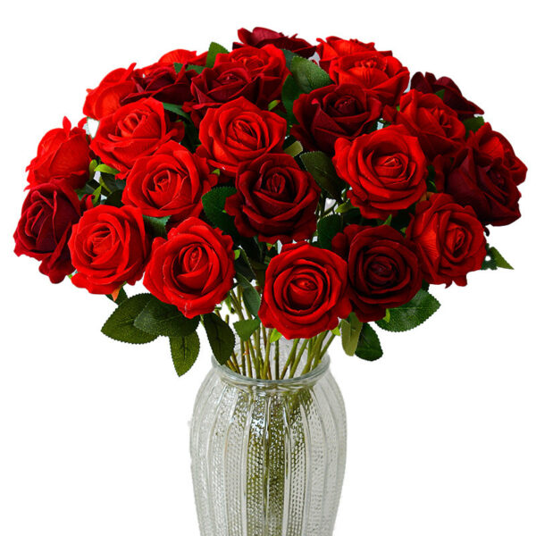 ดอกกุหลาบกำมะหยี่สีแดง ดอกไม้ประดิษฐ์สำหรับตกแต่งบ้าน งานแต่ง งาน DIY สวยหรู โรแมนติก ของขวัญวันวาเลนไทน์