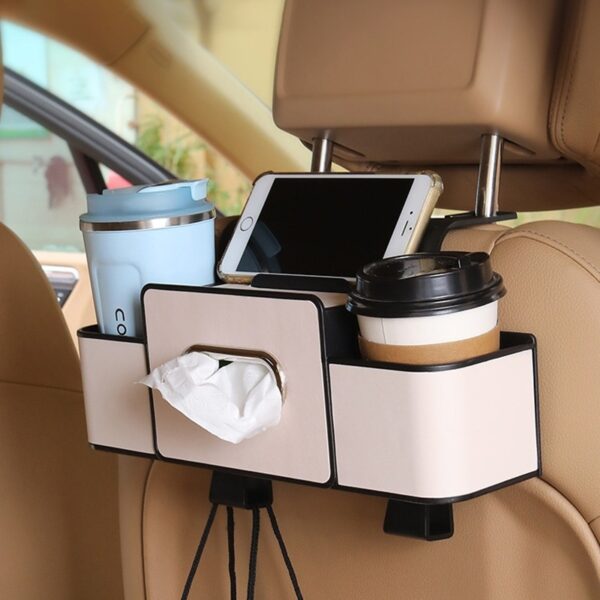 กล่องจัดระเบียบในรถยนต์ หลังเบาะ มัลติฟังก์ชั่น ใส่แก้วน้ำ ขวดน้ำ โทรศัพท์ และทิชชู่ ใช้งานสะดวก