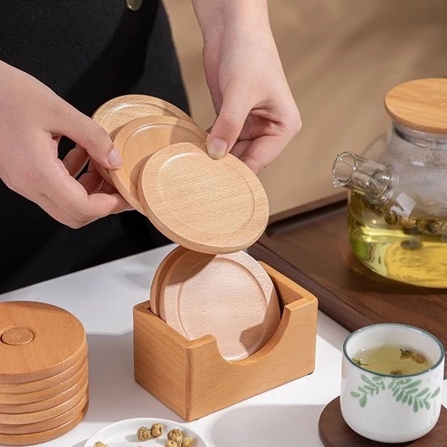 แผ่นรองแก้วไม้วอลนัทสไตล์มินิมอล ทรงกลม กันความร้อน เหมาะสำหรับการใช้งานในบ้านและร้านกาแฟ